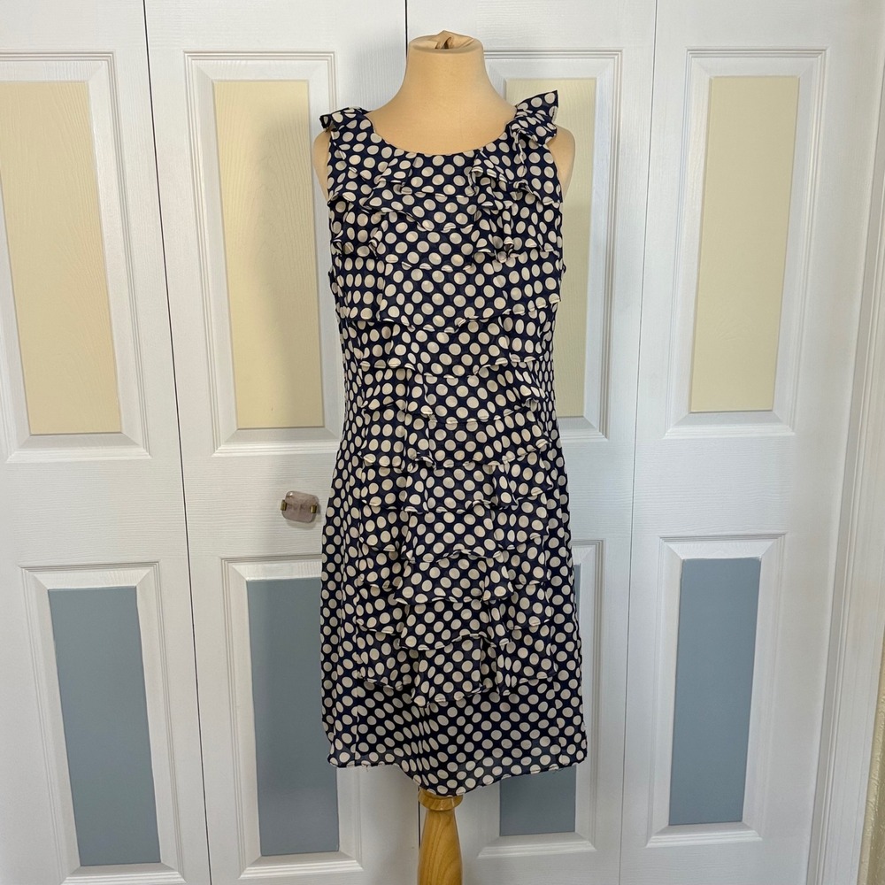K Studio Collection Navy Blue Polka Dot Ruffle Front Sleeveless Dress Size 12